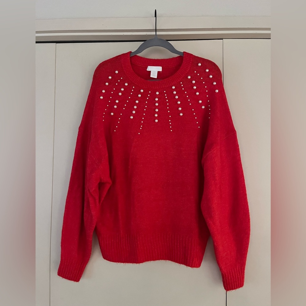 H&M Vibrant Red Sweater with Pearl Details